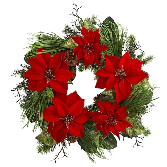 28" Poinsettia & Pine Wreath 4 28" Poinsettia & Pine Wreath - Image 2