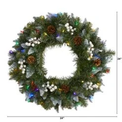 24" LED Snow Tipped Pinecone & White Berry Wreath -Northlight Shop D322815S 2