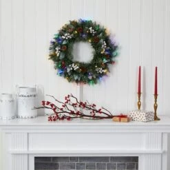 24" LED Snow Tipped Pinecone & White Berry Wreath -Northlight Shop D322815S 4