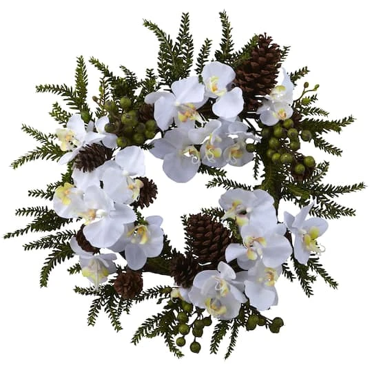 22" White Orchid & Pine Wreath 4 22" White Orchid & Pine Wreath - Image 2