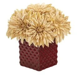 11" Cream Dahlia Arrangement In Red Ceramic Cube