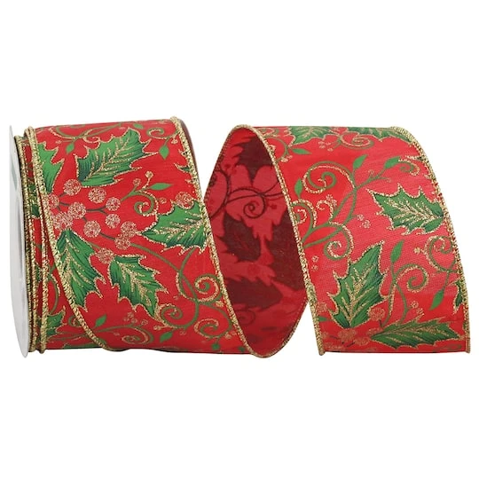 JAM Paper 2.5" X 10yd. Red & Green Holly Leaf Glitter Satin Wired Ribbon 4 JAM Paper 2.5" X 10yd. Red & Green Holly Leaf Glitter Satin Wired Ribbon - Image 2