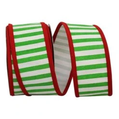 Reliant 2.5" X 10yd. Green & White Railroad Stripes Deluxe Folded Wired Ribbon