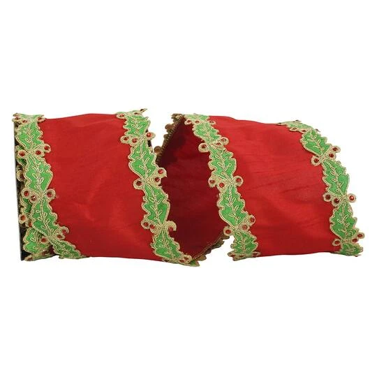 Reliant 4" X 5yd. Holly Leaf Jewel Embroidered Dupioni Wired Ribbon 4 Reliant 4" X 5yd. Holly Leaf Jewel Embroidered Dupioni Wired Ribbon - Image 2