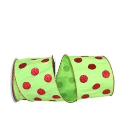 JAM Paper 4" X 10yd. Dupioni Glitter Dots Wired Ribbon Lime/Red