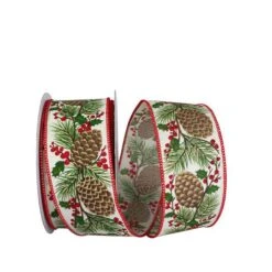 JAM Paper 2.5" X 20yd. X 20yd. Ivory Pinecone Berry Sprig Linen Wired Ribbon
