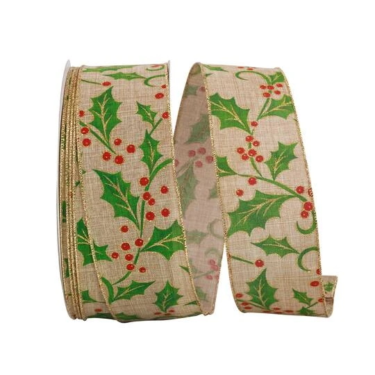 JAM Paper 2.5" X 50yd. X 50yd. Linen Wired Natural Holly Ribbon 3 JAM Paper 2.5" X 50yd. X 50yd. Linen Wired Natural Holly Ribbon