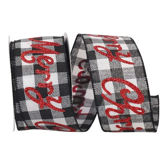 JAM Paper 2.5" X 20yd. Black & White Merry Christmas Glitter Check Wired Ribbon 4 JAM Paper 2.5" X 20yd. Black & White Merry Christmas Glitter Check Wired Ribbon - Image 2