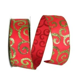 JAM Paper 2.5" X 50yd. Red & Green Scroll Wired Glitter Ribbon