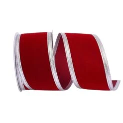 JAM Paper Velvet Wired Dynasty Ribbon Scarlet And Silver