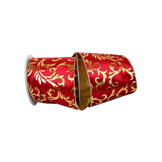 JAM Paper 4" X 10yd. Scarlet & Gold Scroll Wired Plush Velvet Ribbon 4 JAM Paper 4" X 10yd. Scarlet & Gold Scroll Wired Plush Velvet Ribbon - Image 2