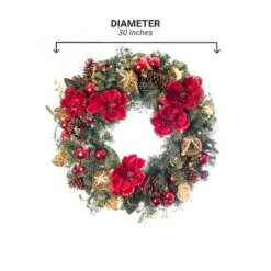 Village Lighting 30" Pre-Lit Red Magnolia Christmas Wreath, Clear LED Lights 17 Village Lighting 30" Pre-Lit Red Magnolia Christmas Wreath, Clear LED Lights -Northlight Shop D403166S 17