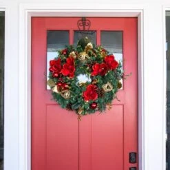 Village Lighting 30" Pre-Lit Red Magnolia Christmas Wreath, Clear LED Lights 15 Village Lighting 30" Pre-Lit Red Magnolia Christmas Wreath, Clear LED Lights -Northlight Shop D403166S 5