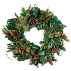 Village Lighting 30" Pre-Lit Magnolia Leaf Christmas Wreath, Clear LED Lights