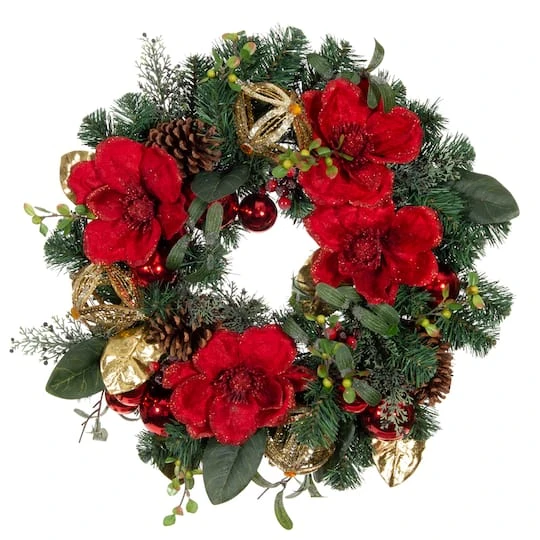 Village Lighting 24" Red Magnolia Wreath 3 Village Lighting 24" Red Magnolia Wreath