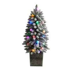3ft. Pre-Lit Flocked Highland Fir Artificial Christmas Tree In Decorative Planter, Multicolor 20 LED Lights