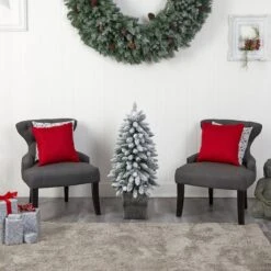 3ft. Pre-Lit Flocked Highland Fir Artificial Christmas Tree In Decorative Planter, Multicolor 20 LED Lights -Northlight Shop D478786S 10