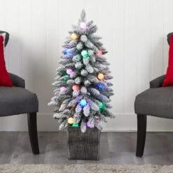 3ft. Pre-Lit Flocked Highland Fir Artificial Christmas Tree In Decorative Planter, Multicolor 20 LED Lights -Northlight Shop D478786S 7