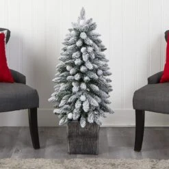 3ft. Pre-Lit Flocked Highland Fir Artificial Christmas Tree In Decorative Planter, Multicolor 20 LED Lights -Northlight Shop D478786S 8