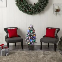 3ft. Pre-Lit Flocked Highland Fir Artificial Christmas Tree In Decorative Planter, Multicolor 20 LED Lights -Northlight Shop D478786S 9