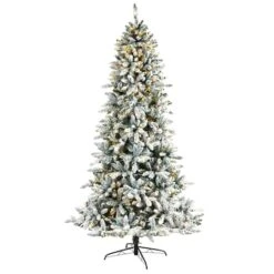 8ft. Pre-Lit Flocked Livingston Fir Artificial Christmas Tree With Pinecones, Clear LED Lights