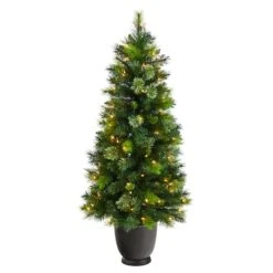 4.5ft. Pre-Lit Oregon Pine Artificial Christmas Tree In Decorative Planter, Warm White Lights