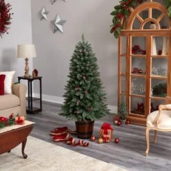 5ft. Pre-Lit Frosted Colorado Aspen Artificial Christmas Tree In Decorative Planter, White LED Lights 23 5ft. Pre-Lit Frosted Colorado Aspen Artificial Christmas Tree In Decorative Planter, White LED Lights -Northlight Shop D478830S 10