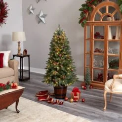 5ft. Pre-Lit Frosted Colorado Aspen Artificial Christmas Tree In Decorative Planter, White LED Lights 22 5ft. Pre-Lit Frosted Colorado Aspen Artificial Christmas Tree In Decorative Planter, White LED Lights -Northlight Shop D478830S 9