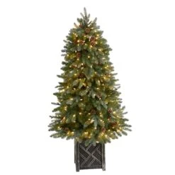 5ft. Pre-Lit Colorado Fir Frosted Artificial Christmas Tree In Planter, White LED Lights