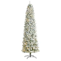 9ft. Pre-Lit Slim Flocked Montreal Fir Artificial Christmas Tree, White LED Lights 14 9ft. Pre-Lit Slim Flocked Montreal Fir Artificial Christmas Tree, White LED Lights -Northlight Shop D478861S 1 1