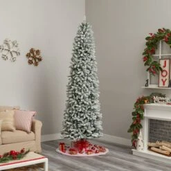 9ft. Pre-Lit Slim Flocked Montreal Fir Artificial Christmas Tree, White LED Lights 23 9ft. Pre-Lit Slim Flocked Montreal Fir Artificial Christmas Tree, White LED Lights -Northlight Shop D478861S 10
