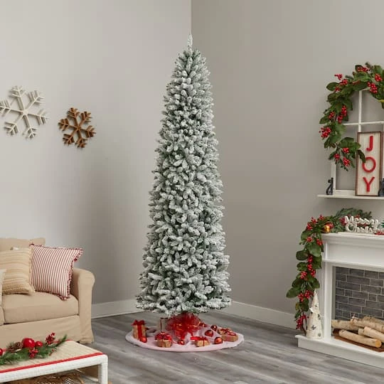 9ft. Pre-Lit Slim Flocked Montreal Fir Artificial Christmas Tree, White LED Lights 13 9ft. Pre-Lit Slim Flocked Montreal Fir Artificial Christmas Tree, White LED Lights - Image 11