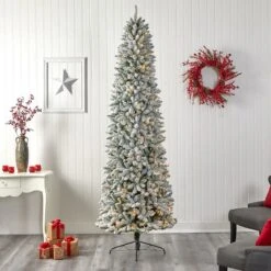 9ft. Pre-Lit Slim Flocked Montreal Fir Artificial Christmas Tree, White LED Lights 20 9ft. Pre-Lit Slim Flocked Montreal Fir Artificial Christmas Tree, White LED Lights -Northlight Shop D478861S 7