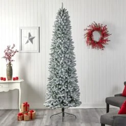 9ft. Pre-Lit Slim Flocked Montreal Fir Artificial Christmas Tree, White LED Lights 21 9ft. Pre-Lit Slim Flocked Montreal Fir Artificial Christmas Tree, White LED Lights -Northlight Shop D478861S 8
