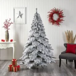 7ft. Pre-Lit Flocked Austria Fir Artificial Christmas Tree, White LED Lights -Northlight Shop D478863S 8