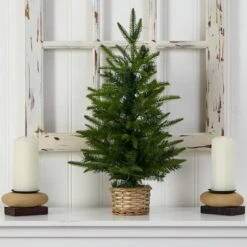 2ft. Pre-Lit Artificial Christmas Tree In Decorative Basket, Clear LED Lights -Northlight Shop D478873S 5