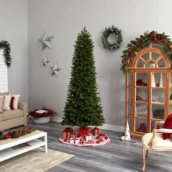 8.5ft. Pre-Lit Slim Colorado Mountain Spruce Artificial Christmas Tree, Multifunction White Micro LED Lights -Northlight Shop D478961S 10