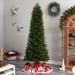 8.5ft. Pre-Lit Slim Colorado Mountain Spruce Artificial Christmas Tree, Multifunction White Micro LED Lights -Northlight Shop D478961S 8