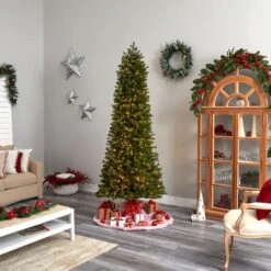 8.5ft. Pre-Lit Slim Colorado Mountain Spruce Artificial Christmas Tree, Multifunction White Micro LED Lights -Northlight Shop D478961S 9