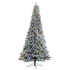9.5ft. Pre-Lit Flocked British Columbia Mountain Fir Artificial Christmas Tree, Multicolor Globe Bulbs