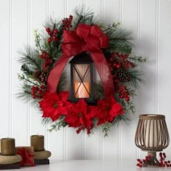 28" Poinsettia & Berry Holiday Lantern Christmas Wreath With LED Candle 10 28" Poinsettia & Berry Holiday Lantern Christmas Wreath With LED Candle -Northlight Shop D478985S 3
