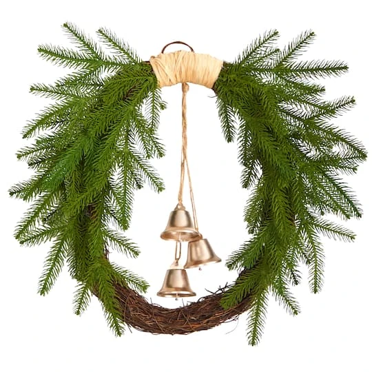 24" Holiday Christmas Pine And Hanging Bells Wreath 3 24" Holiday Christmas Pine And Hanging Bells Wreath