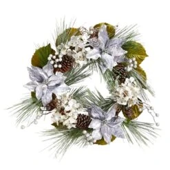 24" Silver Poinsettia, Hydrangea & Pinecones Artificial Christmas Wreath -Northlight Shop D479013S 1 1