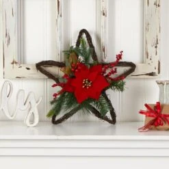 16" Holiday Christmas Poinsettia Star Twig Wreath -Northlight Shop D479014S 3