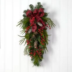 24" Pinecones, Berries & Bells Christmas Teardrop Swag 8 24" Pinecones, Berries & Bells Christmas Teardrop Swag -Northlight Shop D479060S 3