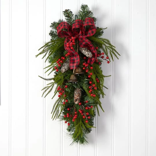 24" Pinecones, Berries & Bells Christmas Teardrop Swag 5 24" Pinecones, Berries & Bells Christmas Teardrop Swag - Image 3