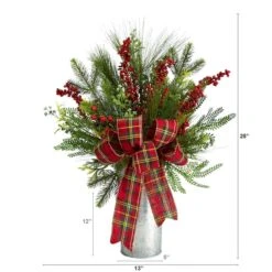 28" Holiday Winter Greenery, Berries & Plaid Bow Artificial Christmas Arrangement -Northlight Shop D479069S 2