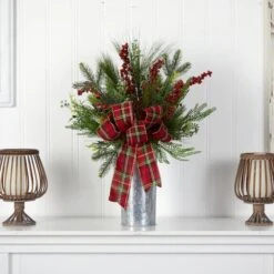 28" Holiday Winter Greenery, Berries & Plaid Bow Artificial Christmas Arrangement -Northlight Shop D479069S 3