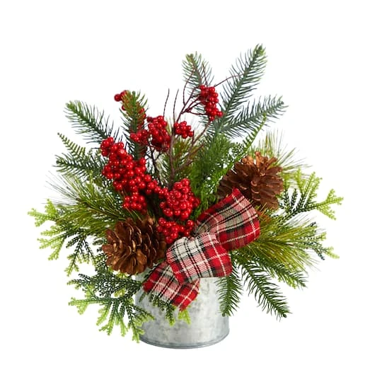 12" Holiday Winter Pinecones, Berries, Greenery & Plaid Bow Arrangement 4 12" Holiday Winter Pinecones, Berries, Greenery & Plaid Bow Arrangement - Image 2
