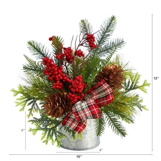 12" Holiday Winter Pinecones, Berries, Greenery & Plaid Bow Arrangement 6 12" Holiday Winter Pinecones, Berries, Greenery & Plaid Bow Arrangement - Image 4